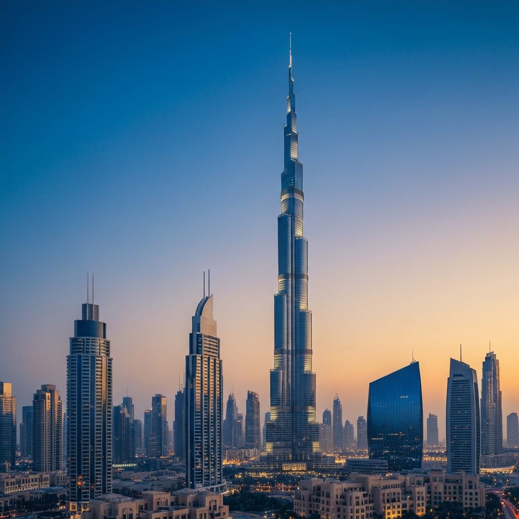 Dubai skyline at dusk showcasing luxury properties